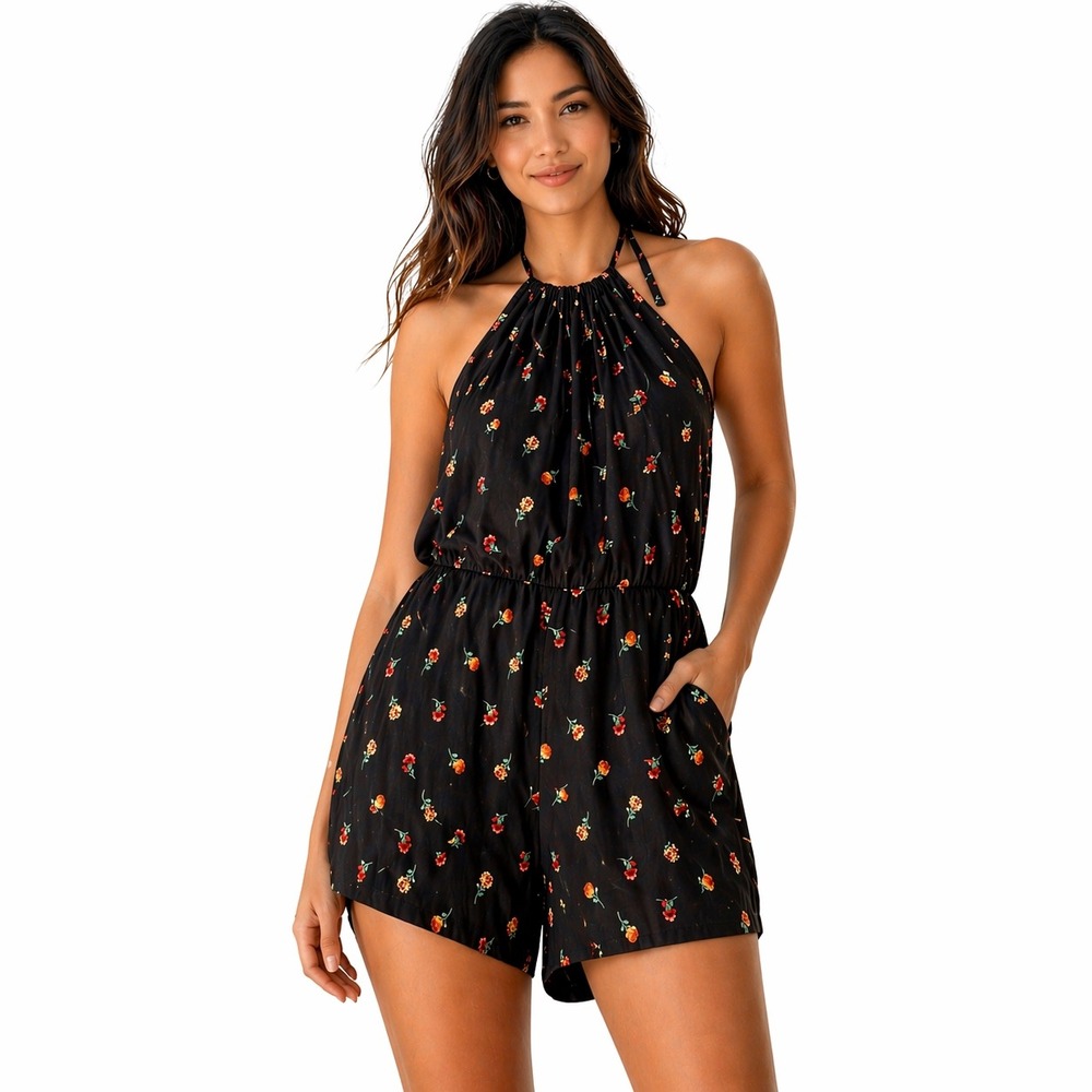 Mahina Floral Halter Neck Boho Romper Black‎ Red Peach Large PH3007